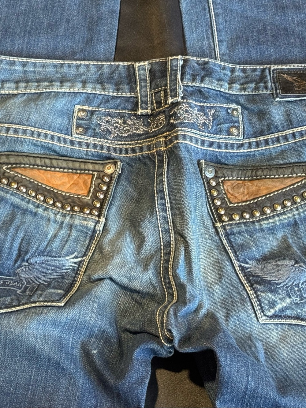 Men's Blue Distressed Denim Robins Jeans with Studded Pocket Accents